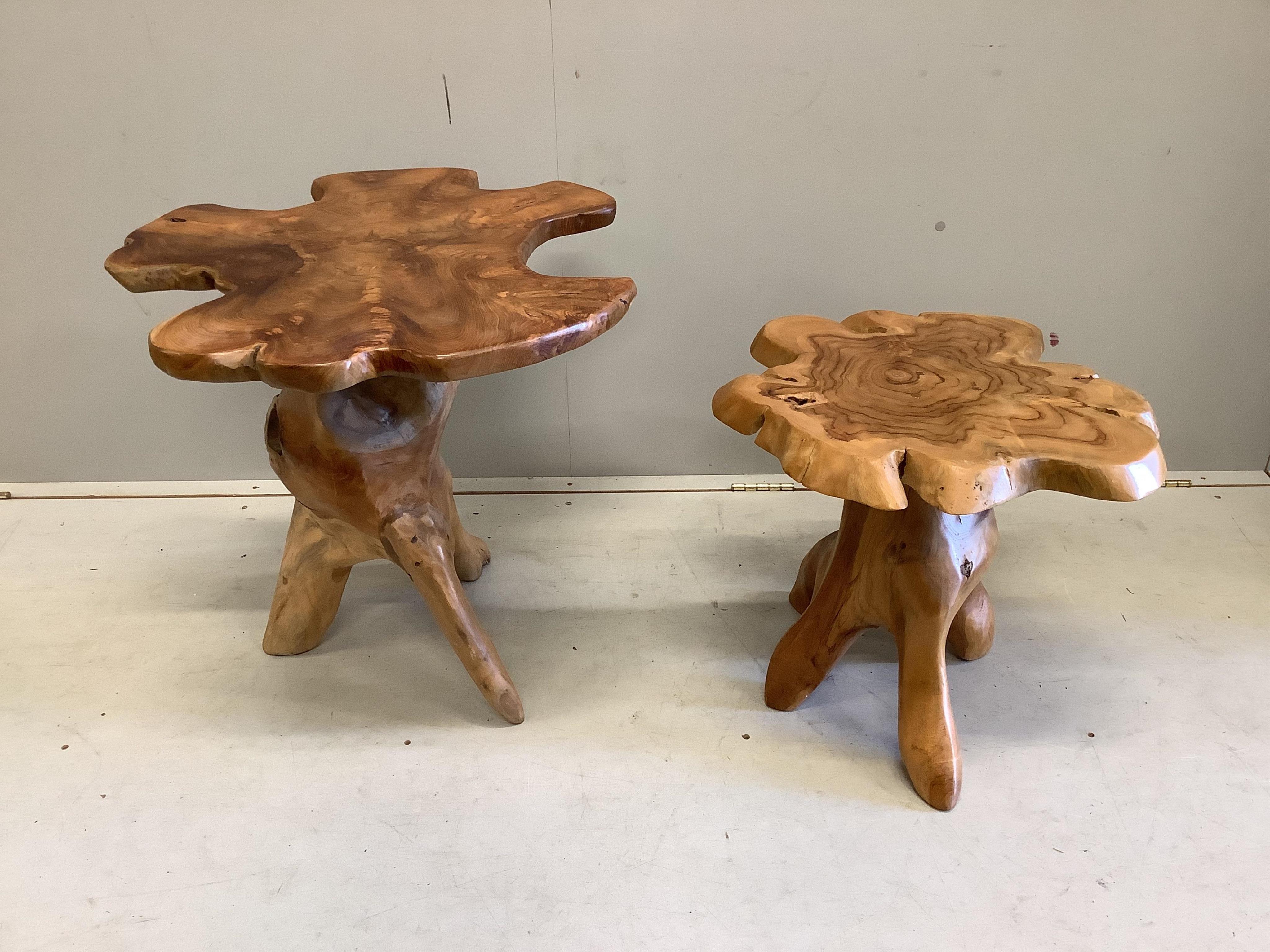 Two hand carved wood 'rustic' occasional tables, largest width 64cm, depth 64cm, height 59cm